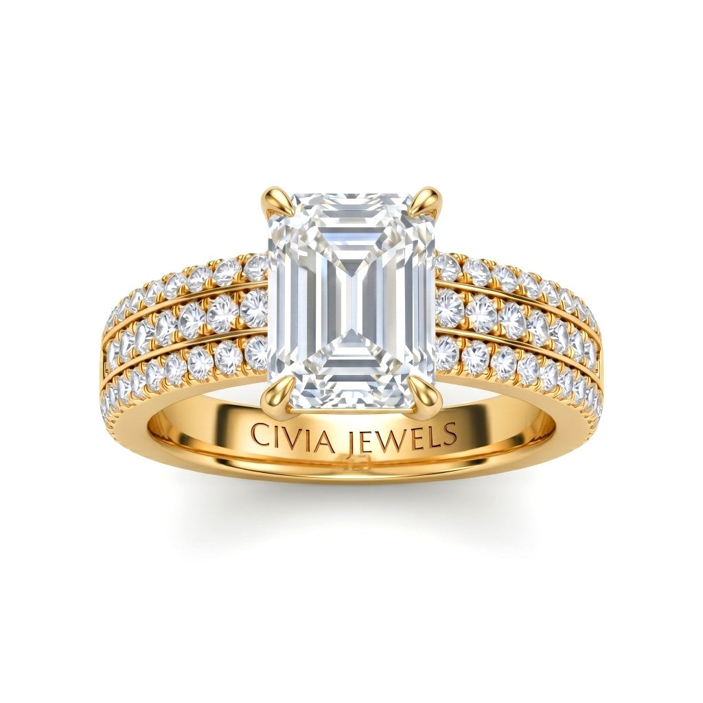 Yellow Gold Emerald Diamond Engagement Ring With Triple Pavé Band
