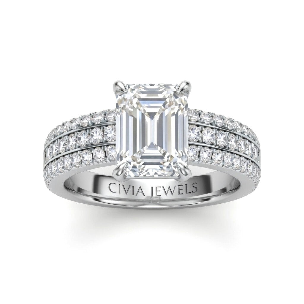 White Gold Emerald Diamond Engagement Ring With Triple Pavé Band