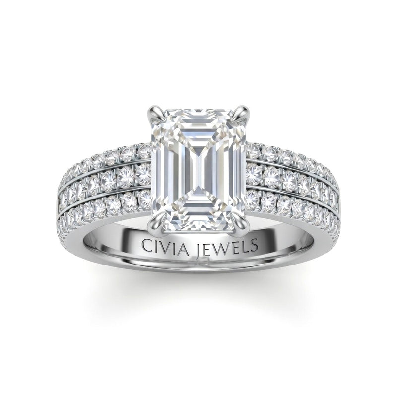 Silver Emerald Diamond Engagement Ring With Triple Pavé Band