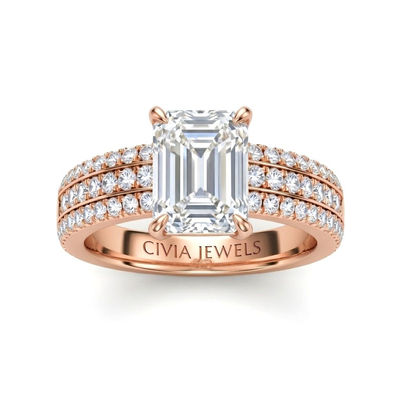 Rose Gold Emerald Diamond Engagement Ring With Triple Pavé Band