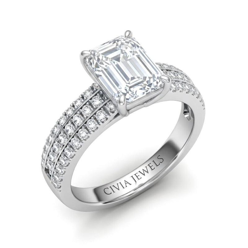 Silver Emerald Diamond Engagement Ring With Triple Pavé Band