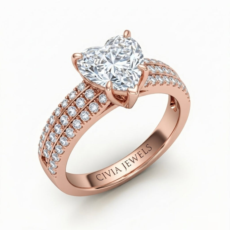 Rose Gold Heart Diamond Engagement Ring With Triple Pavé Band