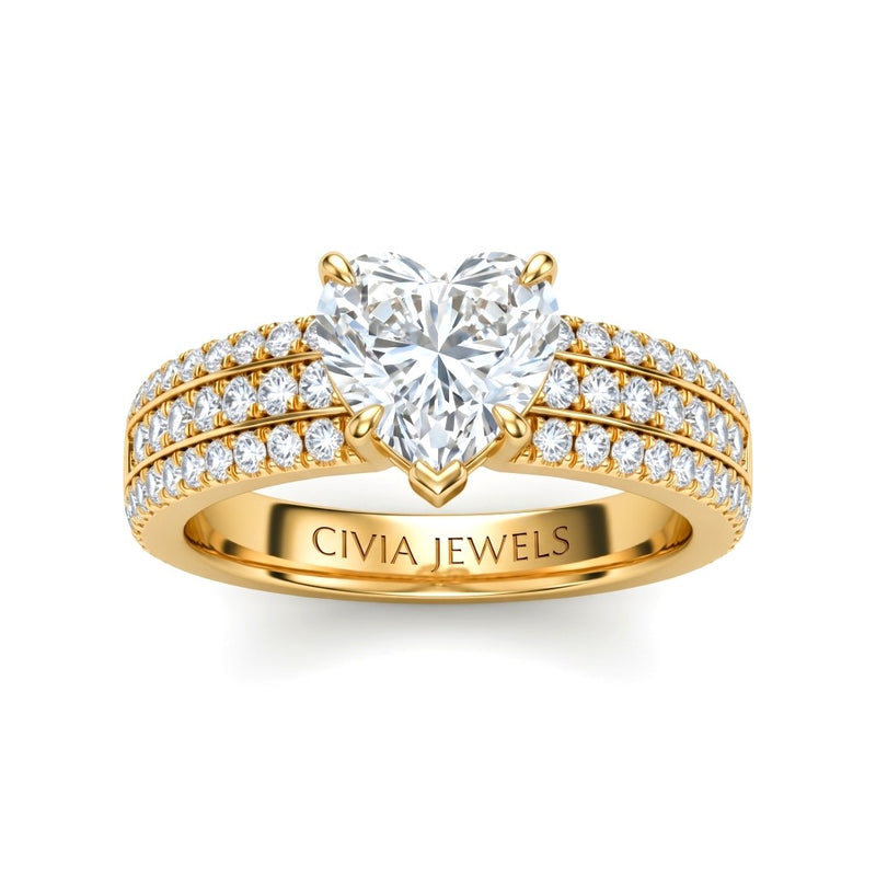 Yellow Gold Heart Diamond Engagement Ring With Triple Pavé Band