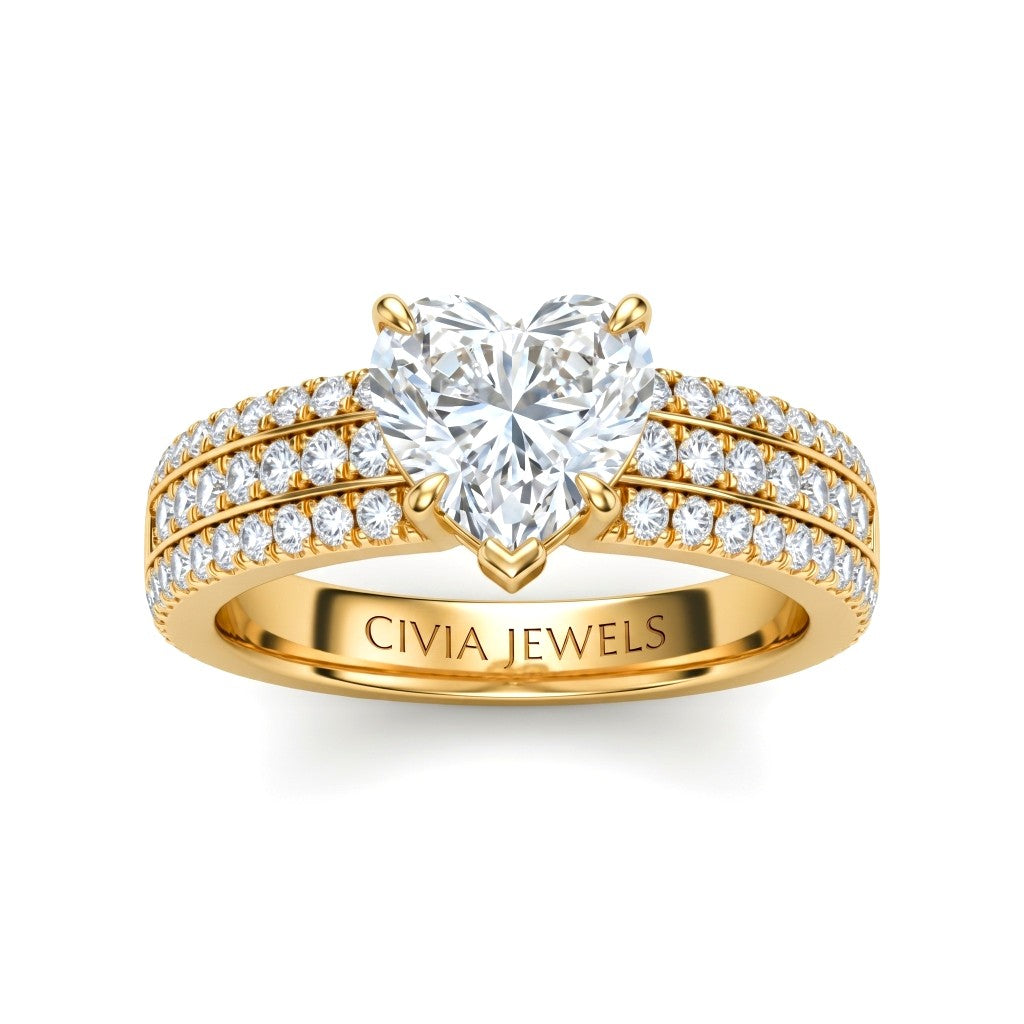 Yellow Gold Heart Diamond Engagement Ring With Triple Pavé Band
