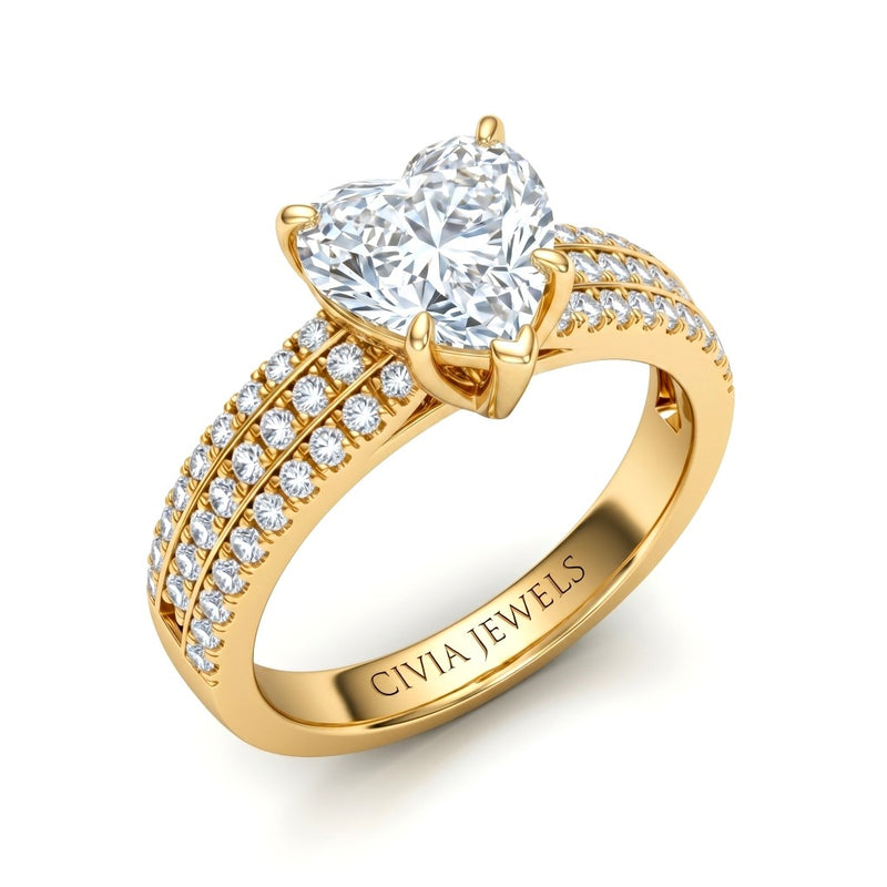 Yellow Gold Heart Diamond Engagement Ring With Triple Pavé Band