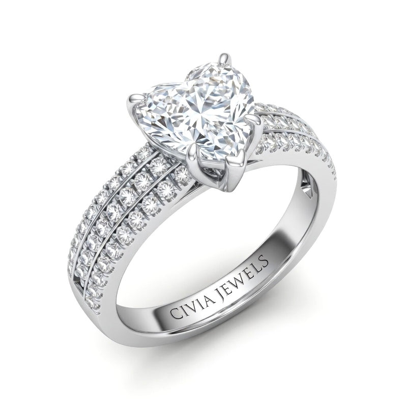 Silver Heart Diamond Engagement Ring With Triple Pavé Band