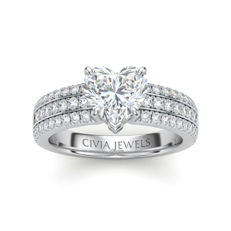 White Gold Heart Diamond Engagement Ring With Triple Pavé Band