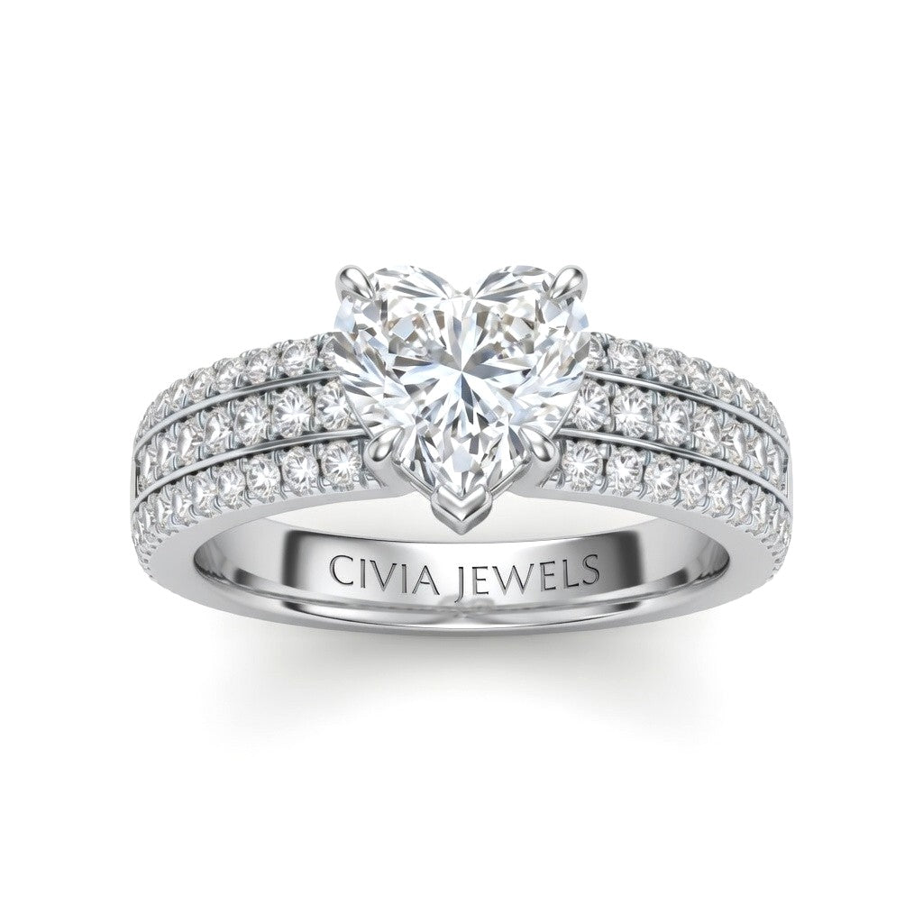 Silver Heart Diamond Engagement Ring With Triple Pavé Band