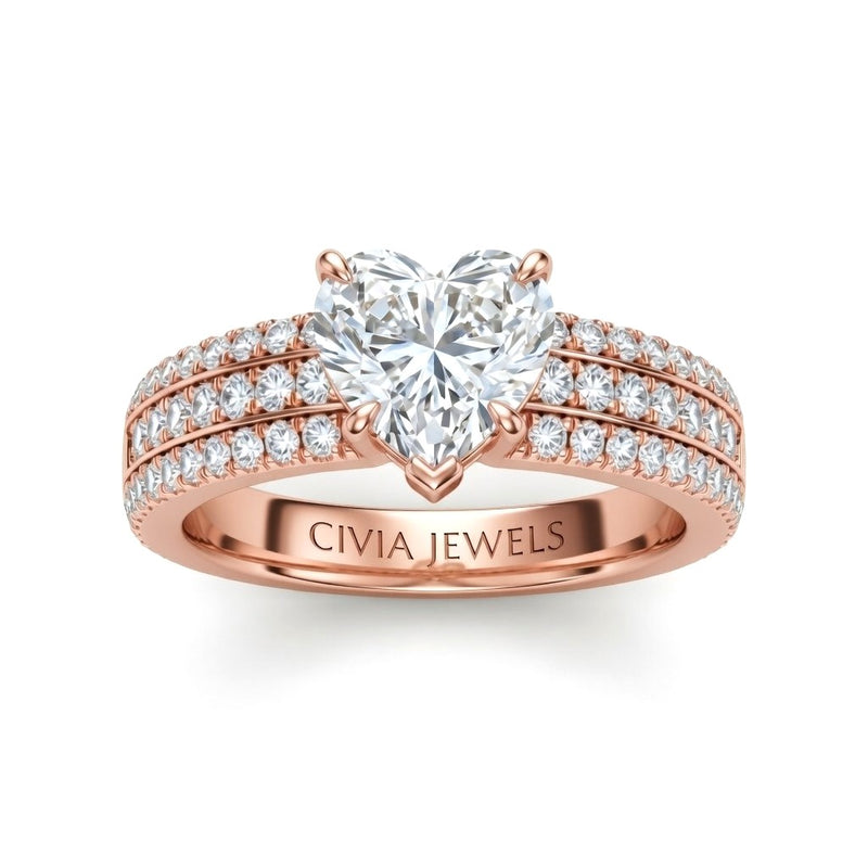 Rose Gold Heart Diamond Engagement Ring With Triple Pavé Band