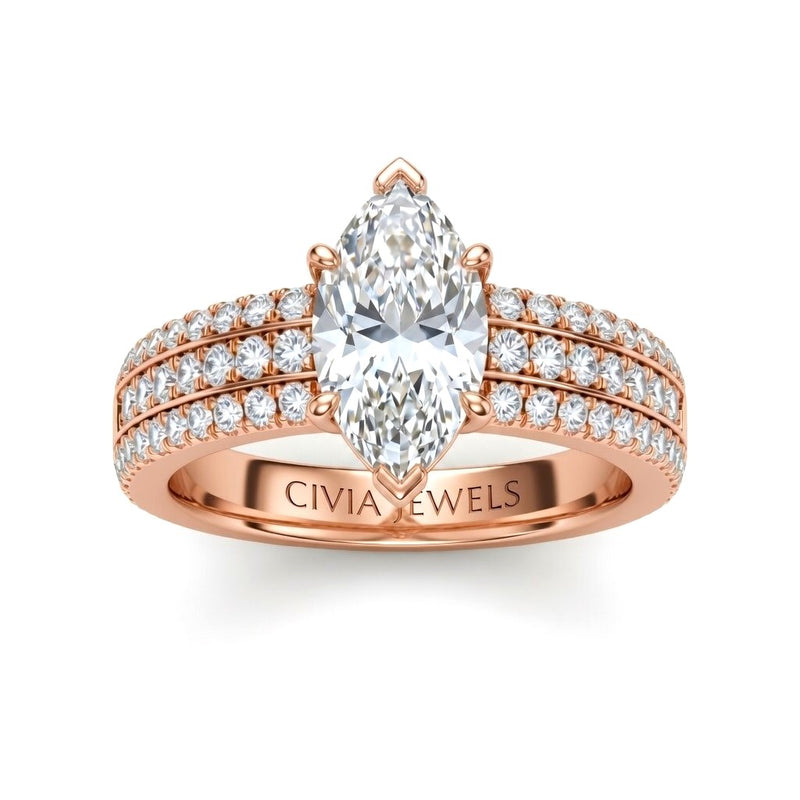 Rose Gold Marquise Diamond Engagement Ring With Triple Pavé Band