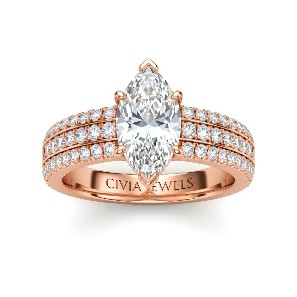 Rose Gold Marquise Diamond Engagement Ring With Triple Pavé Band
