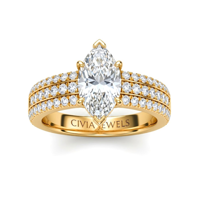 Yellow Gold Marquise Diamond Engagement Ring With Triple Pavé Band