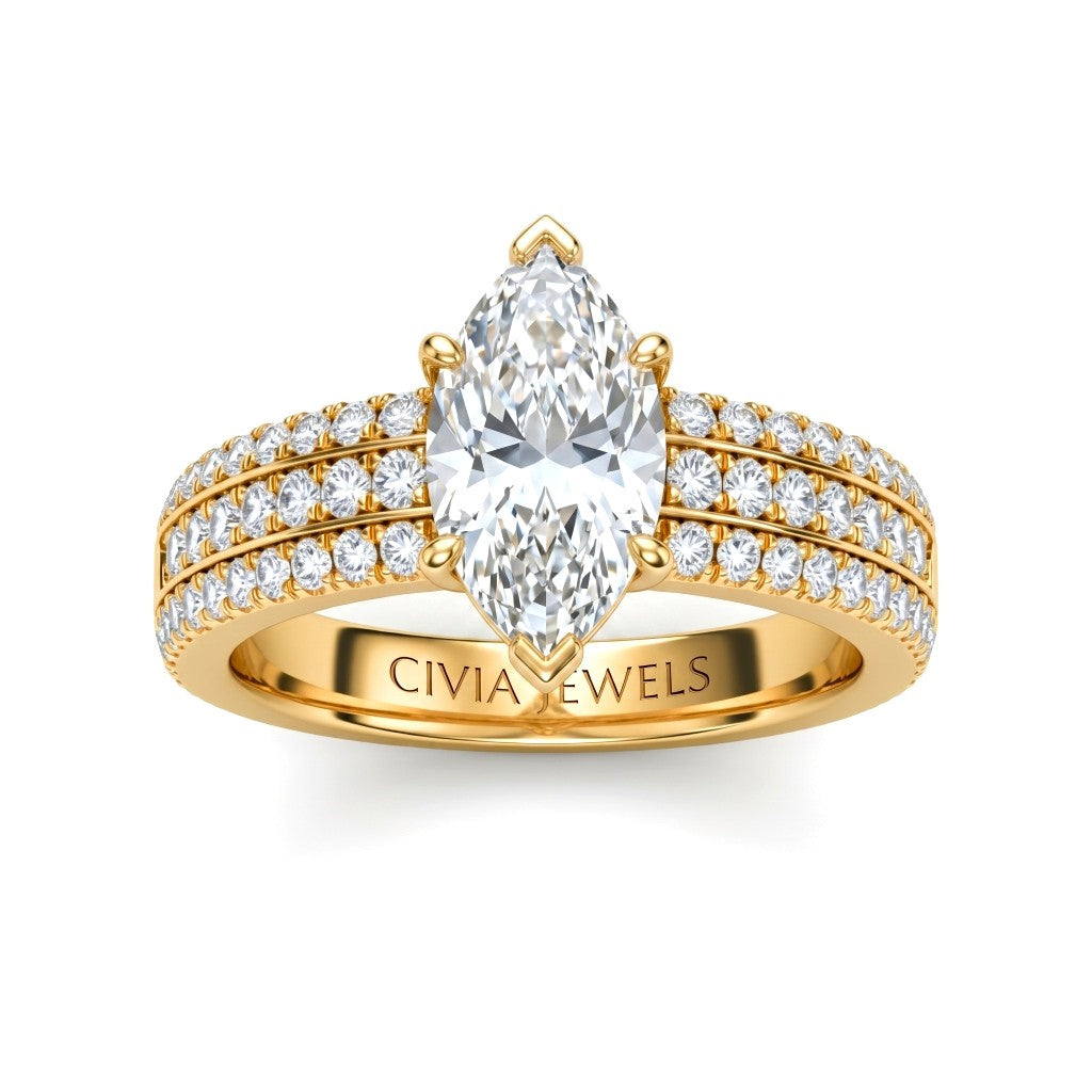 Yellow Gold Marquise Diamond Engagement Ring With Triple Pavé Band