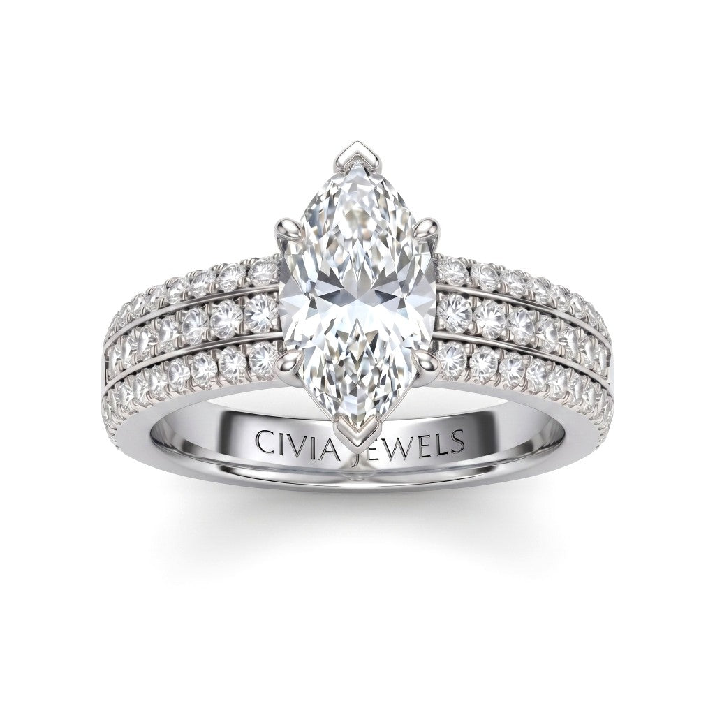 White Gold Marquise Diamond Engagement Ring With Triple Pavé Band