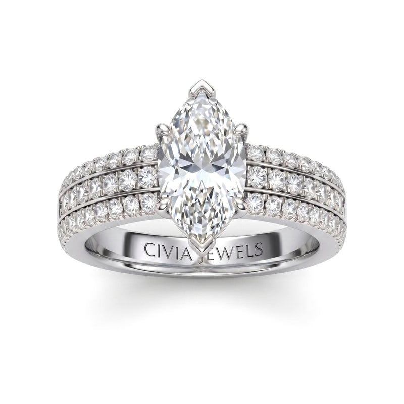 Silver Marquise Diamond Engagement Ring With Triple Pavé Band