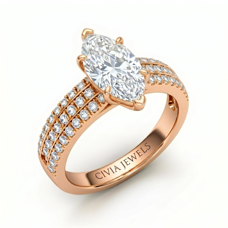 Rose Gold Marquise Diamond Engagement Ring With Triple Pavé Band
