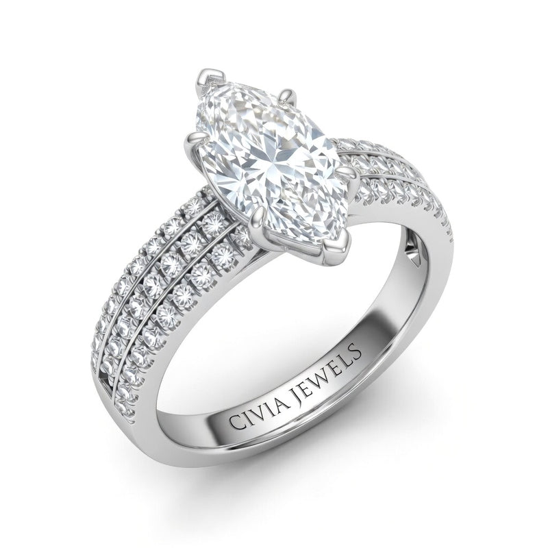 White Gold Marquise Diamond Engagement Ring With Triple Pavé Band