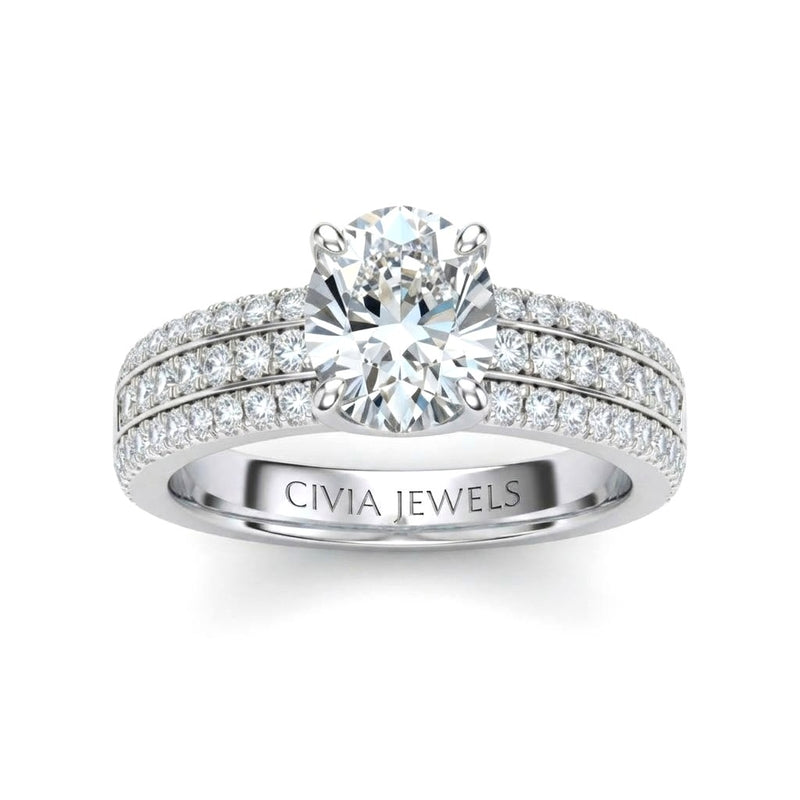 White Gold Oval Diamond Engagement Ring With Triple Pavé Band