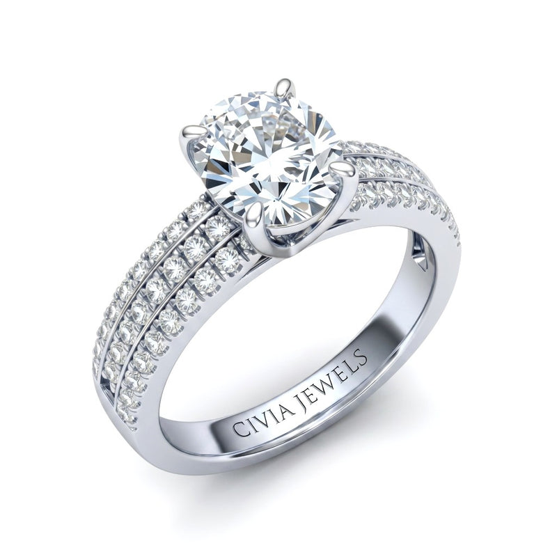 Silver Oval Diamond Engagement Ring With Triple Pavé Band