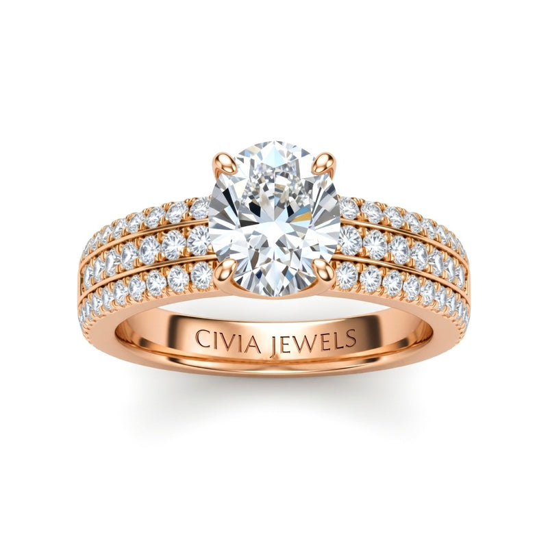 Rose Gold Oval Diamond Engagement Ring With Triple Pavé Band