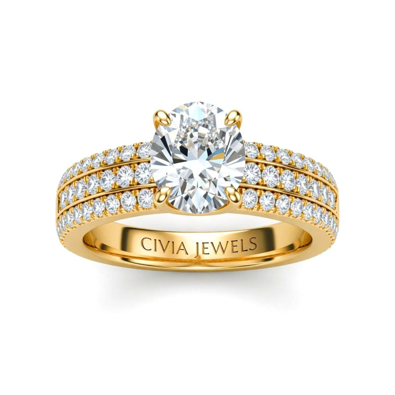 Yellow Gold Oval Diamond Engagement Ring With Triple Pavé Band
