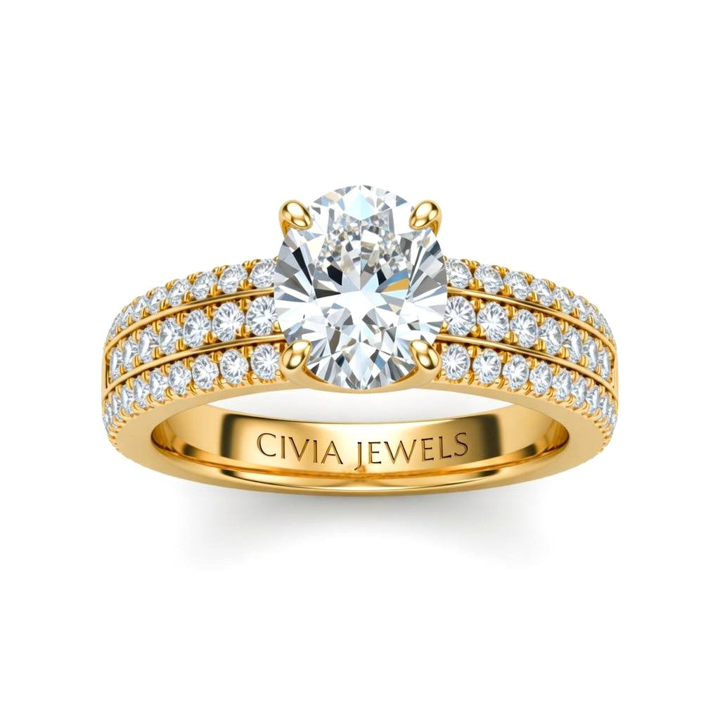 Yellow Gold Oval Diamond Engagement Ring With Triple Pavé Band