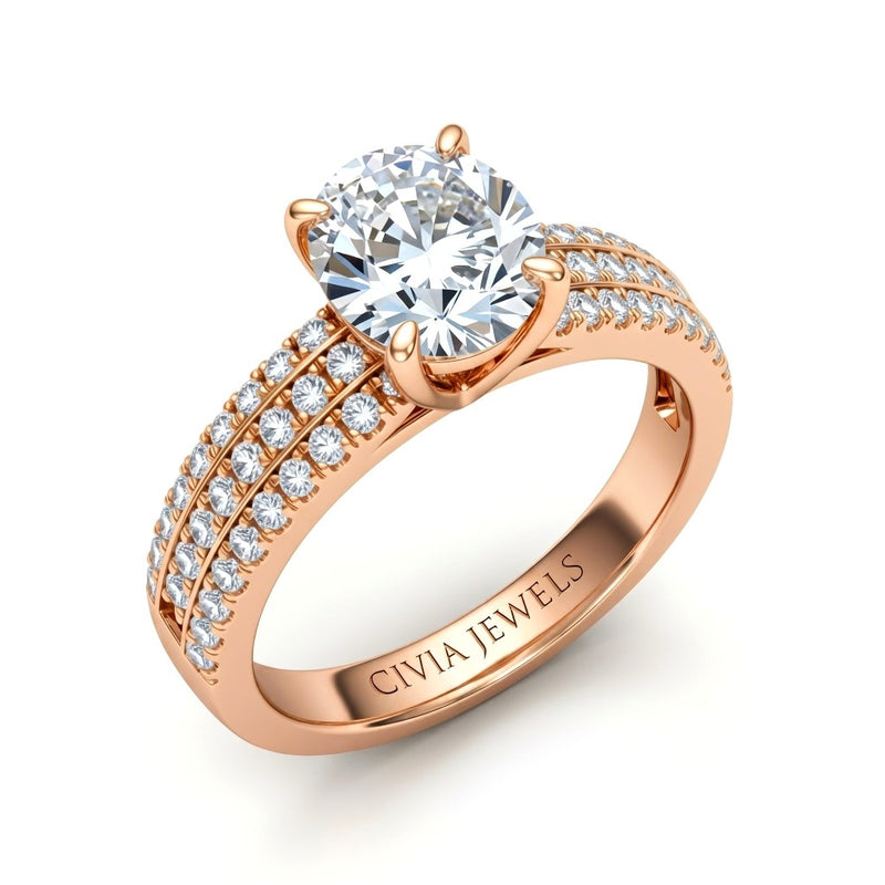 Rose Gold Oval Diamond Engagement Ring With Triple Pavé Band