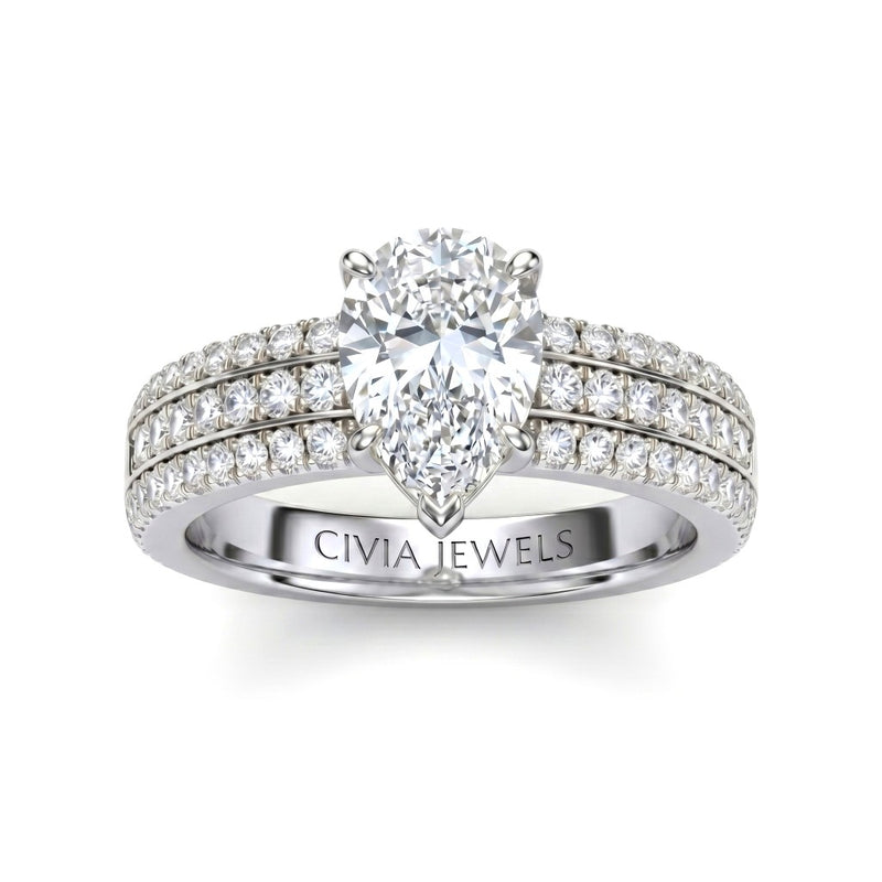 Silver Pear Diamond Engagement Ring With Triple Pavé Band