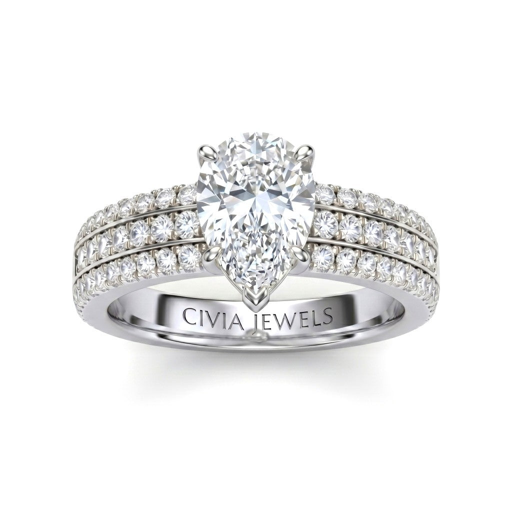 White Gold Pear Diamond Engagement Ring With Triple Pavé Band