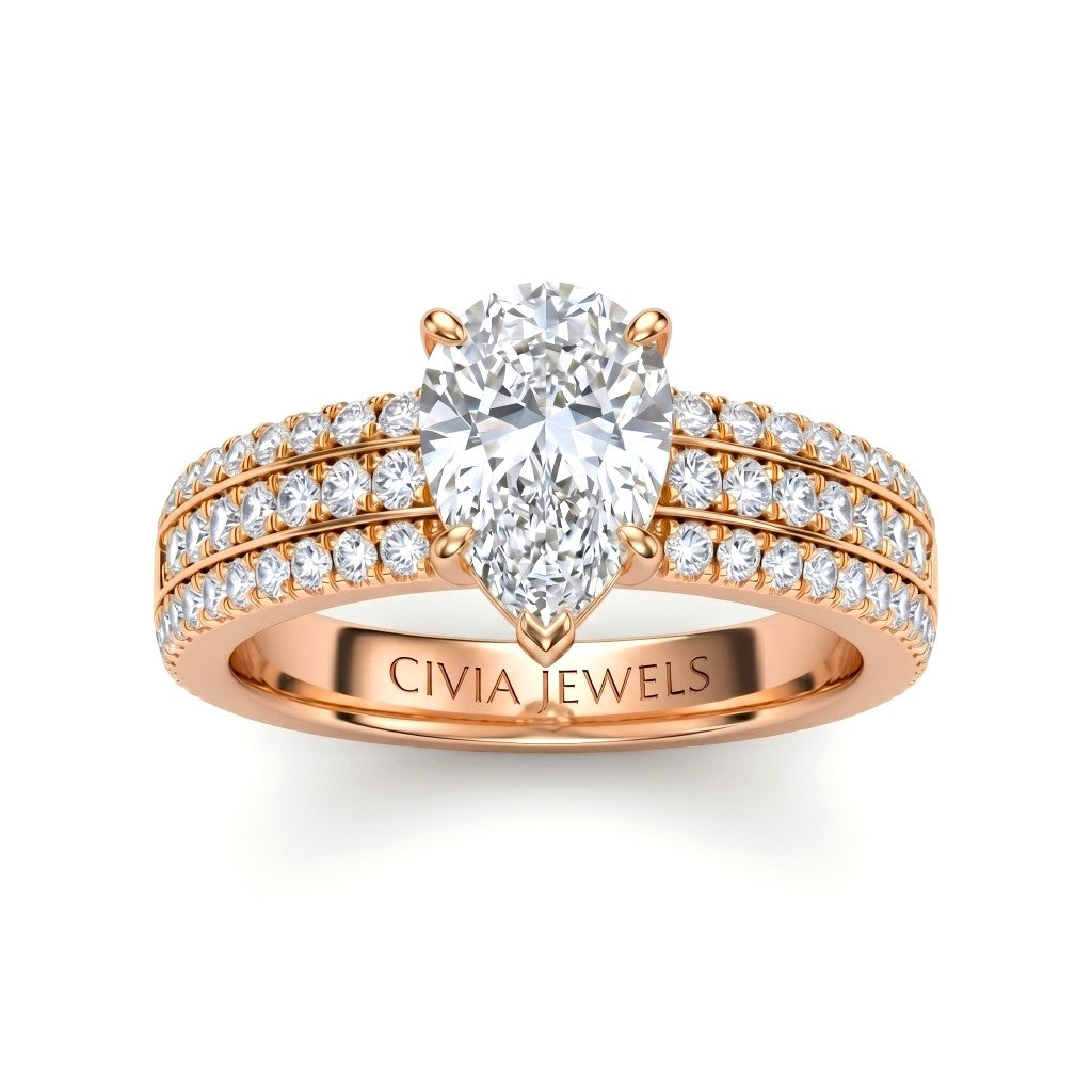 Rose Gold Pear Diamond Engagement Ring With Triple Pavé Band