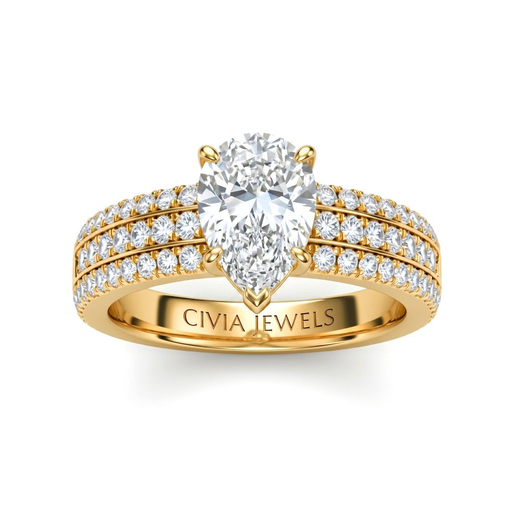 Yellow Gold Pear Diamond Engagement Ring With Triple Pavé Band