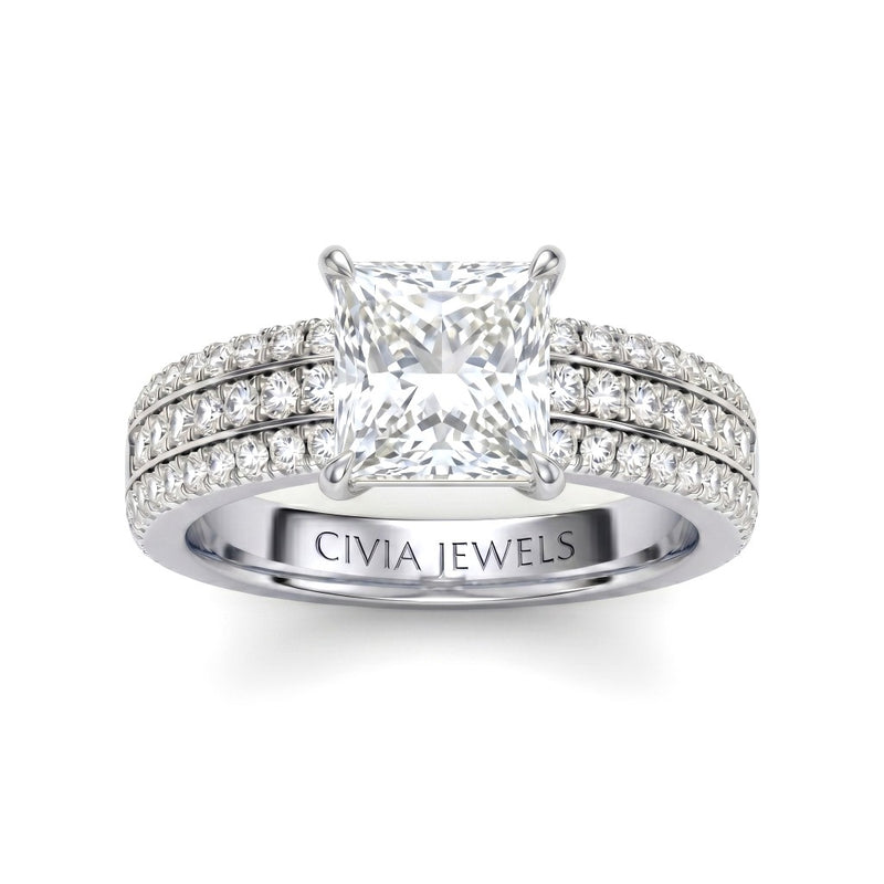 Silver Princess Diamond Engagement Ring With Triple Pavé Band