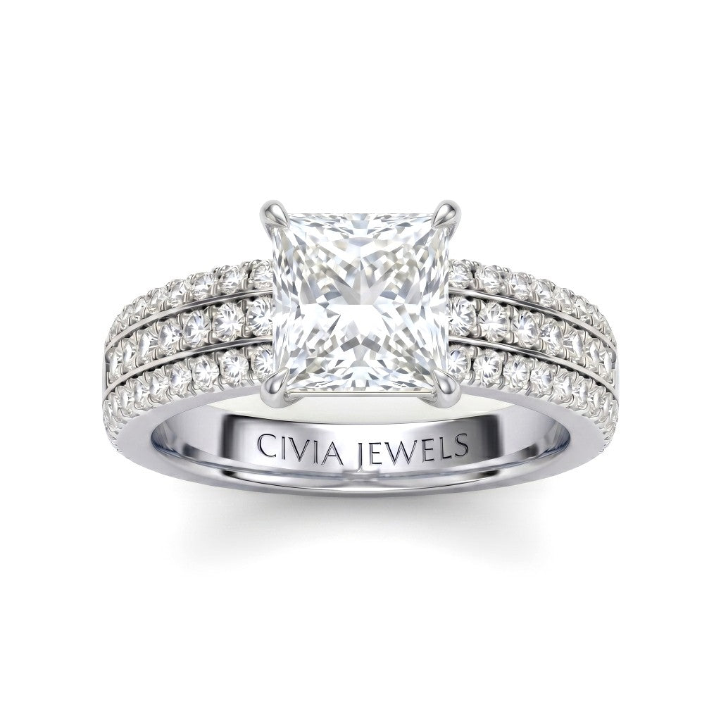 White Gold Princess Diamond Engagement Ring With Triple Pavé Band