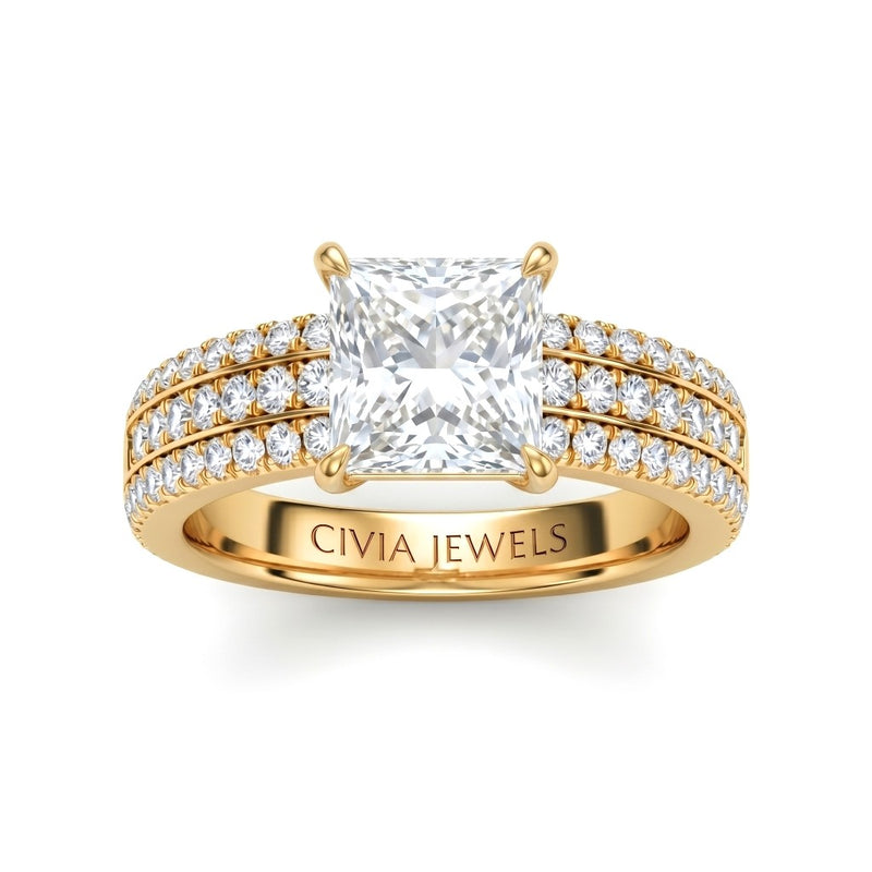 Yellow Gold Princess Diamond Engagement Ring With Triple Pavé Band