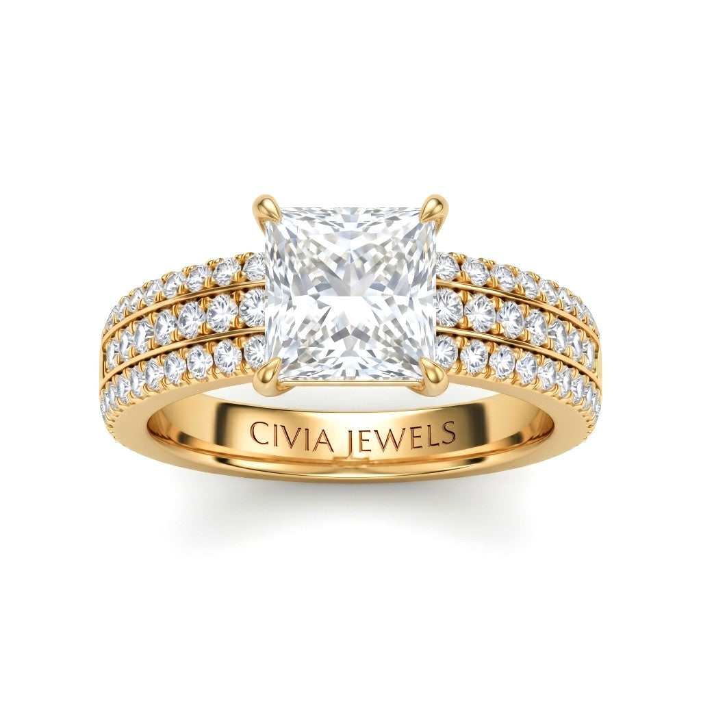 Yellow Gold Princess Diamond Engagement Ring With Triple Pavé Band