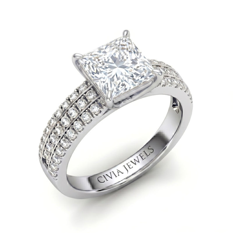 White Gold Princess Diamond Engagement Ring With Triple Pavé Band