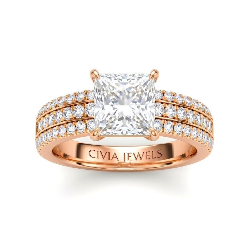 Rose Gold Princess Diamond Engagement Ring With Triple Pavé Band