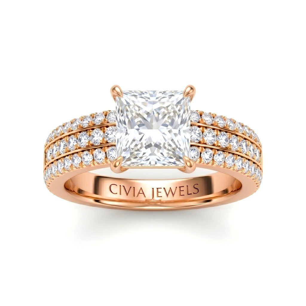 Rose Gold Princess Diamond Engagement Ring With Triple Pavé Band