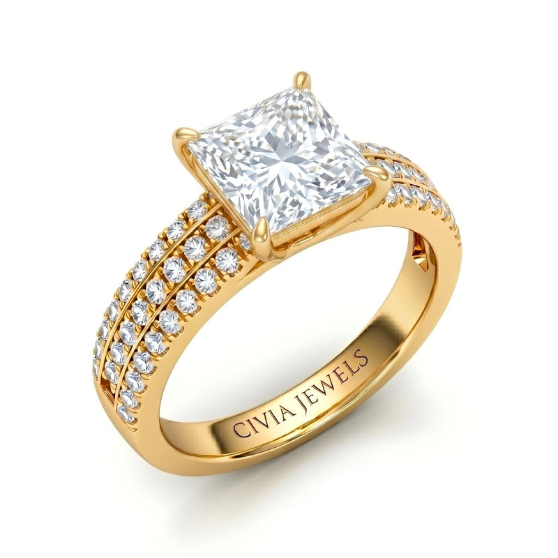 Yellow Gold Princess Diamond Engagement Ring With Triple Pavé Band