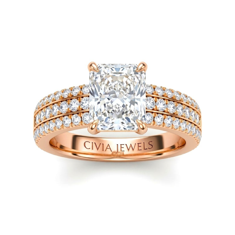 Rose Gold Radiant Diamond Engagement Ring With Triple Pavé Band