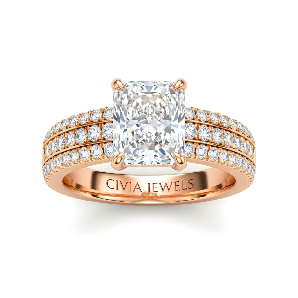 Rose Gold Radiant Diamond Engagement Ring With Triple Pavé Band