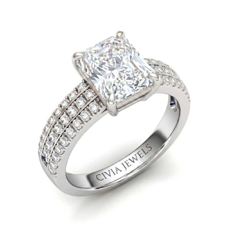Silver Radiant Diamond Engagement Ring With Triple Pavé Band