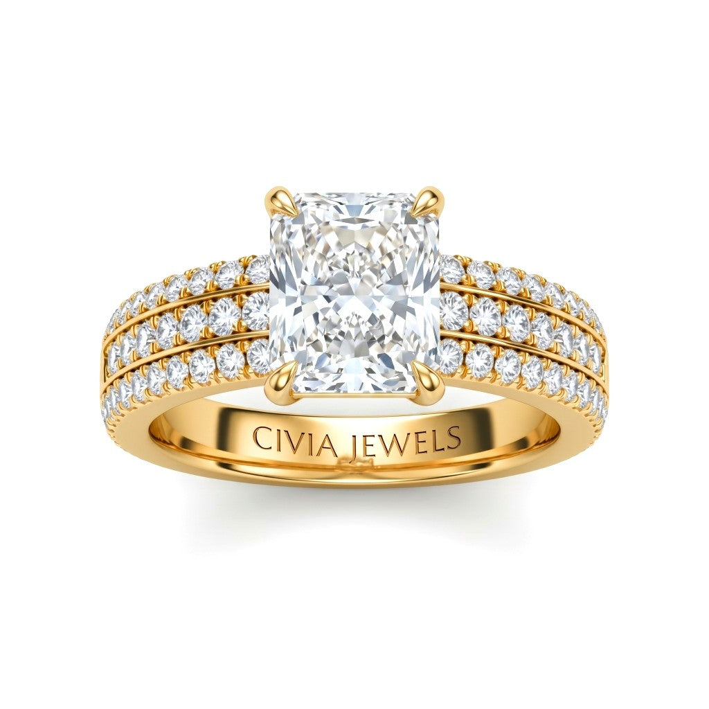 Yellow Gold Radiant Diamond Engagement Ring With Triple Pavé Band