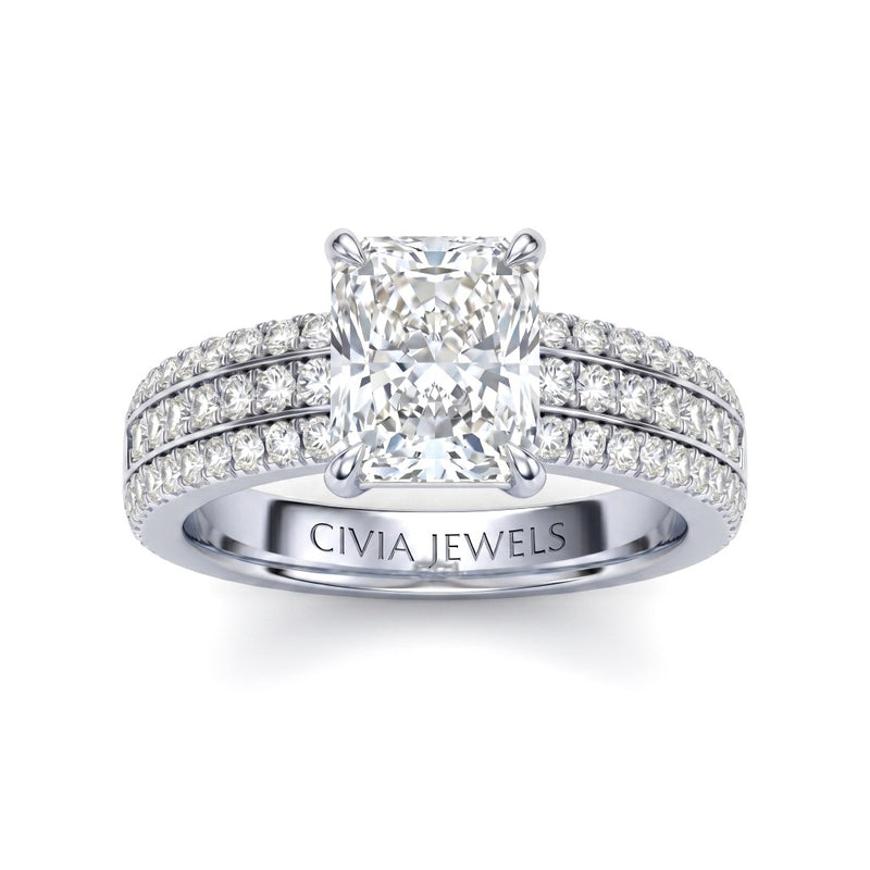 Silver Radiant Diamond Engagement Ring With Triple Pavé Band