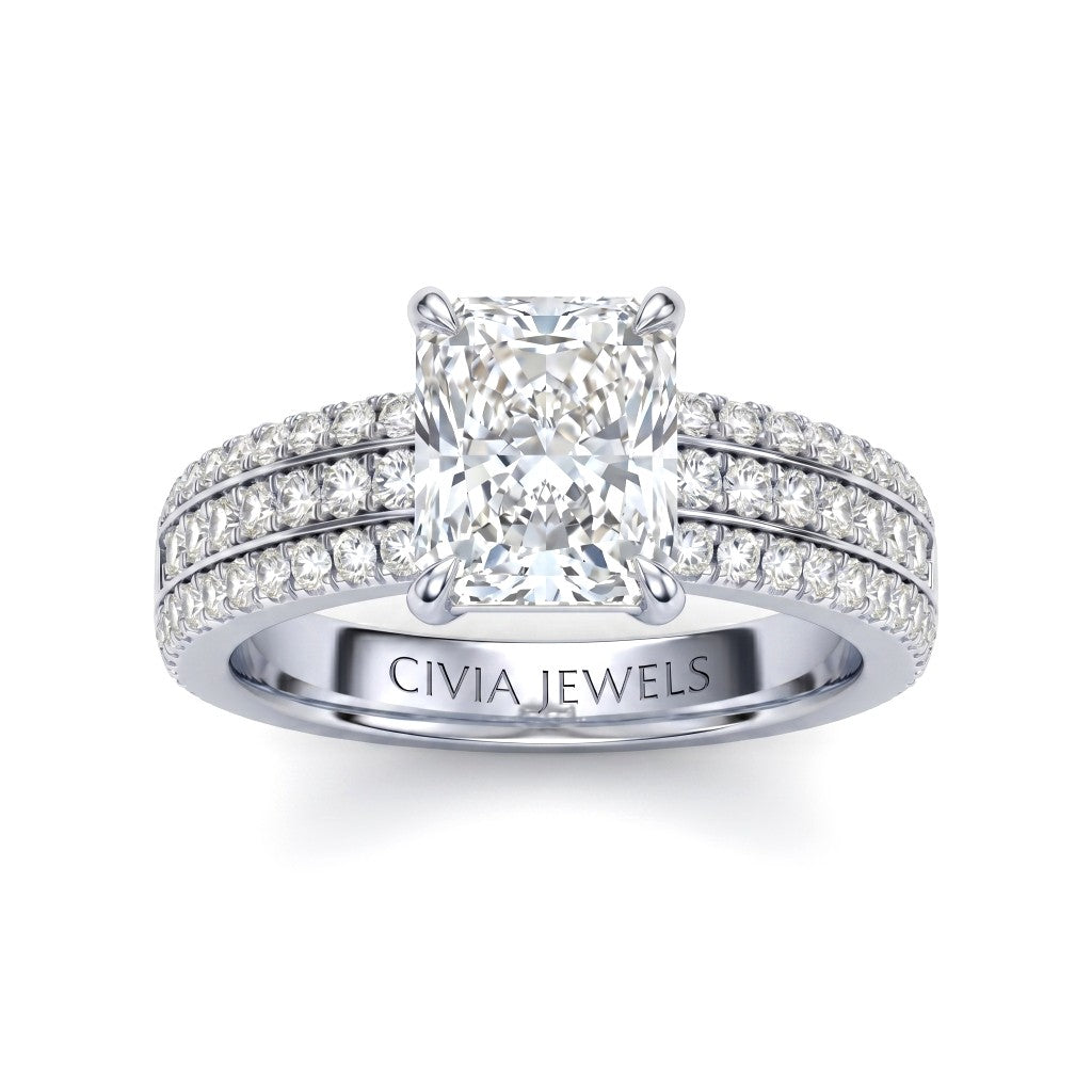 Silver Radiant Diamond Engagement Ring With Triple Pavé Band