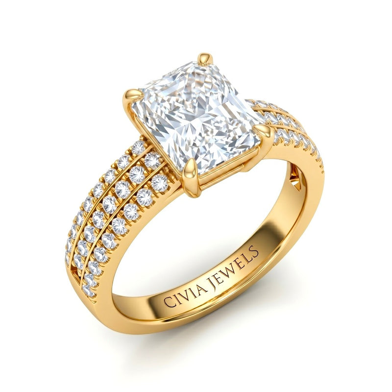 Yellow Gold Radiant Diamond Engagement Ring With Triple Pavé Band