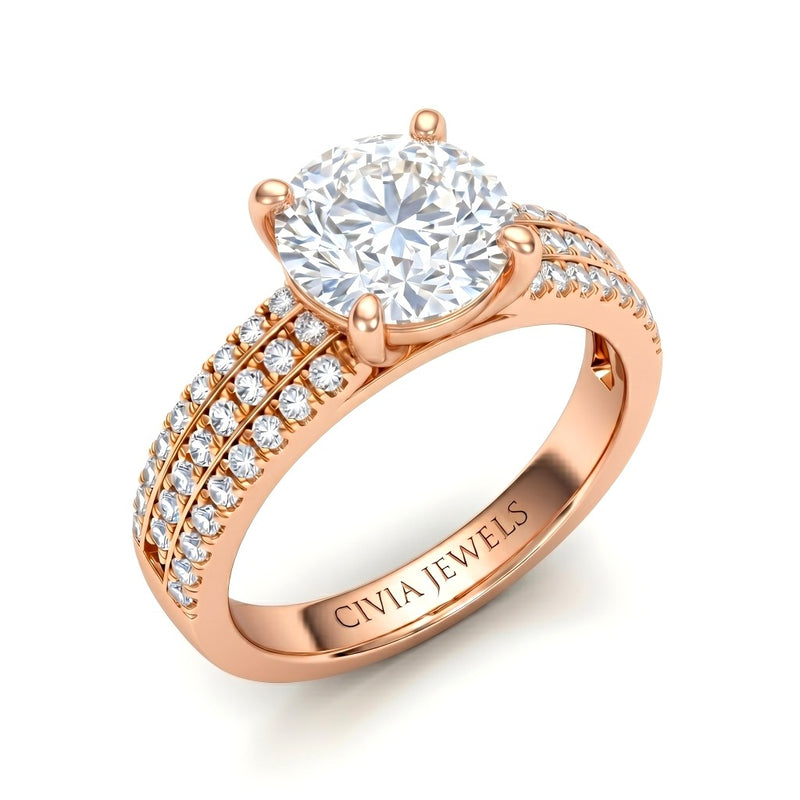 Rose Gold Round Diamond Engagement Ring With Triple Pavé Band