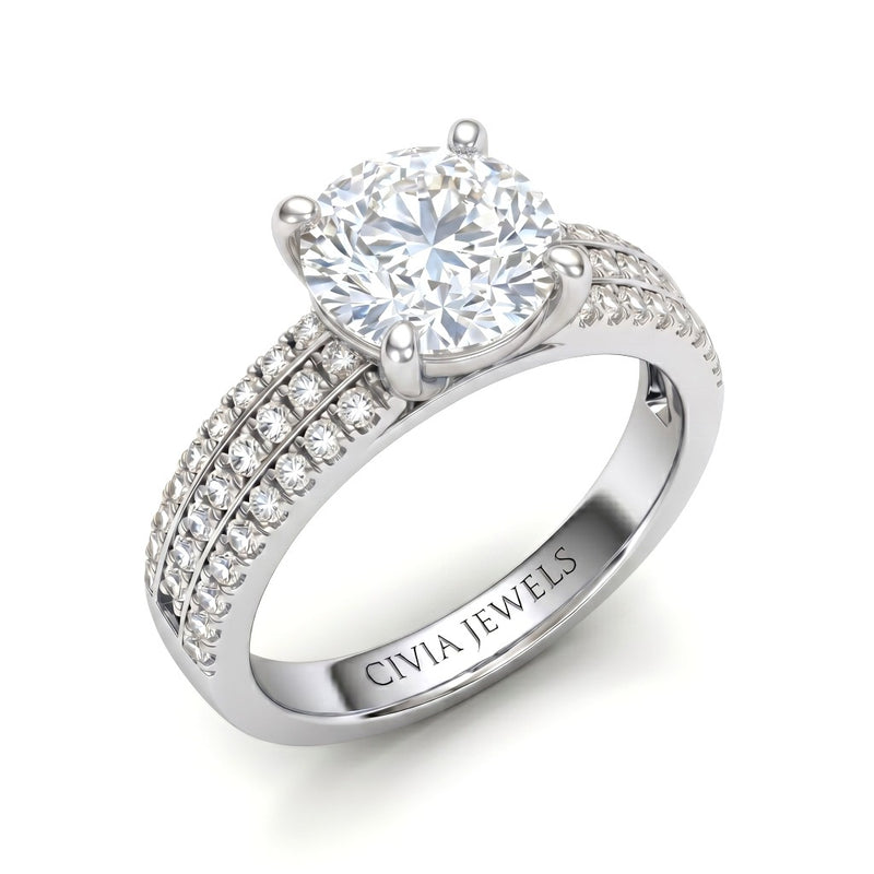 White Gold Round Diamond Engagement Ring With Triple Pavé Band