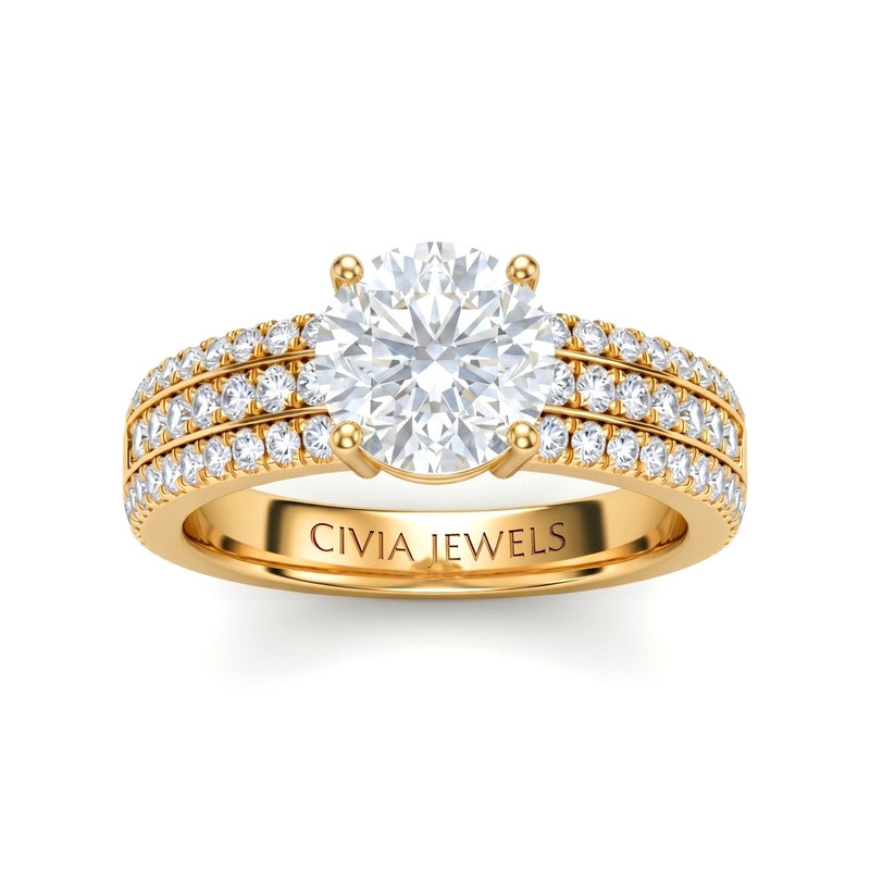 Yellow Gold Round Diamond Engagement Ring With Triple Pavé Band