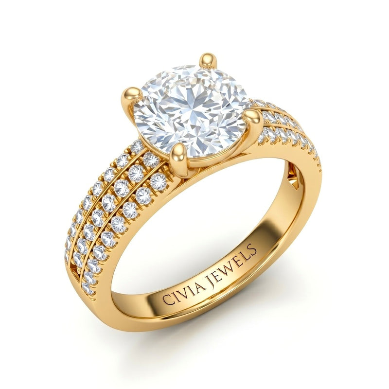 Yellow Gold Round Diamond Engagement Ring With Triple Pavé Band